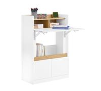 SoBuy Mesa Escritorio Plegable con 3 Estantes, 2 Cajones 63x67x93cm Oficina | Escritorio Pared con Tablero Plegable, Escritorio Gaming con Almacenamiento para Ordenador, Blanco y Natural, FWT109-WN