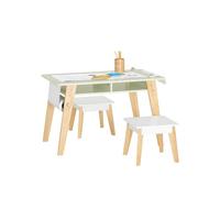 SoBuy Mesa Infantil con 2 Taburetes Soporta hasta 28kg 80x44x50cm | mesa de dibujo con porta rollos y 2 compartimentos, MDF y pino KMB92-GR