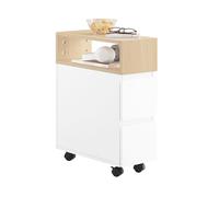 SoBuy Mesita Auxiliar Estrecha con Ruedas y 2 Cajones - Mesita de Noche Móvil para Dormitorio/Salón, Mueble con Ruedas Blanco/Natural 50x20x61cm FBT155-WN