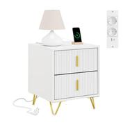 SoBuy Mesita de Noche con Estación de Carga y 2 Cajones, 40x40x47cm | Mesilla de noche con 2 Enchufes y USB & Type-C , para Dormitorio y Salón, Blanco, FBT115-E-W