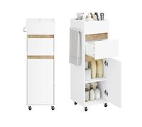 SoBuy Mueble Auxiliar Baño con Ruedas 33x30x91.5 cm Estrecho para Baño | Armario de Baño con Cajón Puerta y Toallero, Mueble Almacenaje Carrito Estrecho Blanco BZR225-WN
