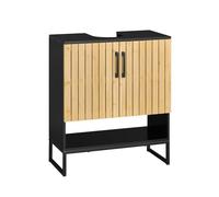 SoBuy Mueble Bajo Lavabo 60 cm con Puertas de Bambú, Estantería Ajustable y Patas Metálicas Armario de Baño Estrecho para Aseos y Baños Pequeños BZR202-SCH
