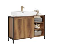 SoBuy Mueble Bajo Lavabo 90cm con Corte para Sifón, Madera y Metal | Mueble Lavabo con Puertas y Estantes Abiertos, Armario Baño con Gran Espacio de Almacenamiento para Dos Personas BZR63-L-PF