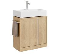SoBuy Mueble bajo Lavabo con Corte para Sifón Mueble Baño 60x30x60 cm | Armario Baño, Mueble Lavabo con Pie, Mueble Auxiliar Baño con Toallero Estante Ajustable, Roble Natural, BZR235-N