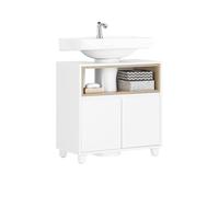 SoBuy Mueble Bajo Lavabo con Pie con Puerta y 2 Estantes - Armario Baño Auxiliar Resistente a la Humedad, Diseño Blanco y Madera, Mueble Lavabo Baño 60x30x61 cm, BZR148-W