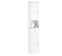 SoBuy Mueble Baño Alto Armario Baño Estrecho 32x170x30 cm Blanco y Madera | Mueble Columna Baño con 2 Puertas, Cajón y Estante Abierto, para Lavadero Aseo o Espacios Reducidos, FRG236-WN