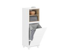 SoBuy Mueble Baño Auxiliar con Saco de Ropa Sucia - Armario Baño de Madera con 2 Estantes Abiertos y Toallero Lateral - Columna Auxiliar de Baño Estrecha, Blanco, 35 x 105 x 30 cm, BZR146-W