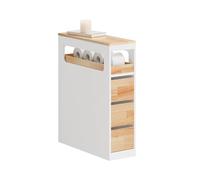 SoBuy Mueble Baño con 3 Cajones y Estante Superior, Armario Estrecho de Almacenamiento con Ruedas para Espacio Reducido Columna Auxiliar de Baño Blanco+Naturaleza 65x23x82cm BZR54-III-WN