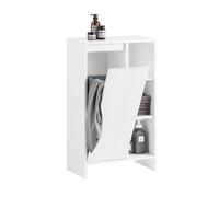 SoBuy Mueble Baño Estrecho con Cesto para Ropa Armario Auxiliar Blanco con Estantes Abiertos y Puerta Abatible, 86x50x30cm, BZR156-W