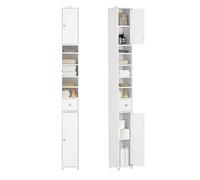SoBuy Mueble Columna de Baño Estrecho - Armario Auxiliar de Baño en MDF Resistente al Agua con Estantes Ajustables y Cajón, Blanco, 20x180x20cm, BZR34-W