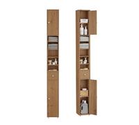 SoBuy Mueble Columna de Baño Estrecho - Armario Auxiliar de Baño Resistente al Agua con Estantes Ajustables y Cajón - Mueble Estrecho de Madera, Color de la Madera, 20x180x20cm, BZR34-II-PF