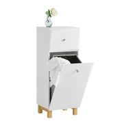 SoBuy Mueble de Baño con Cesta de Ropa - Armario Compacto para Lavar Ropa con Cajón y Bolsa Plegable, Mobiliario Auxiliar de Baño de Madera, Diseño Moderno, Blanco, 34x90x30cm, BZR93-W