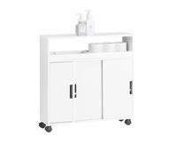 SoBuy Mueble de Baño con Ruedas, Carro Multiuso con Estantes y Bandeja, Mueble Auxiliar Baño, Armario Estrecho con Puertas Correderas Blanco L70cm x P20cm x H71cm BZR02-W
