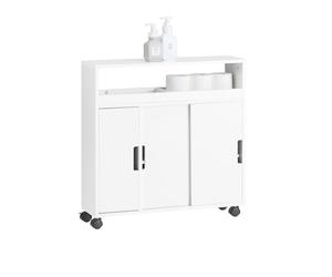 SoBuy Mueble de Baño con Ruedas, Carro Multiuso con Estantes y Bandeja, Mueble Auxiliar Baño, Armario Estrecho con Puertas Correderas Blanco L70cm x P20cm x H71cm BZR02-W
