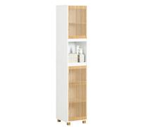 SoBuy Mueble de Baño Estrecho, Armario Columna de Baño Alto con Puertas de Bambú, Mueble Auxiliar para Almacenaje en Baños Pequeños y Aseos, Blanco-Natural 33x165x33cm BZR127-W