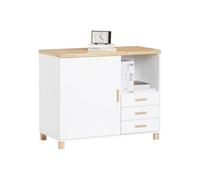 SoBuy Mueble Impresora Armario Oficina con 3 Cajones y 1 Compartimento Abierto Soporte Impresora Mesa Auxiliar Blanco y Natural 90x45x75cm ASK07-WN
