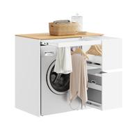 SoBuy Mueble sobre Lavadora Estantería con Cesto Ropa 100x60x95 cm | Mueble Lavadora con Tendedero Extraíble, Armario para Lavandería Baño, Blanco y Madera, BZR223-WN