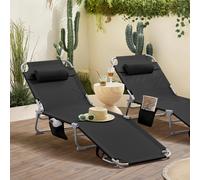 SoBuy Set de 2 Tumbonas Plegable de Jardín, Silla Playa con Almohada y Bolsillo Lateral, Tumbona Reclinable para Patio, Camping, Playa, Negro, 155x56x81cm, OGS35-SCHx2