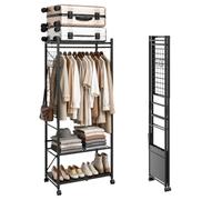 SoBuy Perchero de gran capacidad, plegable para pisos pequeños | Armario abierto con ruedas, barra & estantes regulables para inquilinos, montaje sin herramientas, 70,5x38,5x175cm, KLS22-SCH