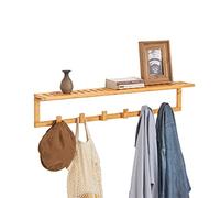SoBuy Perchero de pared con 6 ganchos 90x12,5x16,5cm para recibidor | Estante entrada de bambú con 1 estante y 6 ganchos, carga 9kg, diseño natural FHK06-N