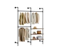 SoBuy perchero de pared industrial, burro de ropa de tubo fijo con 3 barras y 3 estantes de MDF, armario abierto resistente ahorra espacio, negro industrial KLS18-SCH