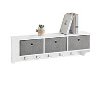 SoBuy Perchero Pared Madera con Estante y 5 Ganchos de Metal - Colgador Pared con 3 Cajones para Entrada, Dormitorio y Sala de Estar - L100cm x D20cm x H31cm - Madera y Metal Blanco FRG282-W