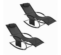 SoBuy Set 2 Tumbonas de Jardín Exterior con Cojín, 150×63×87cm hasta 150 kg | Set de 2 Sillas de Playa con Bolsillo Lateral, Estructura de Metal Robusta, Revestimiento Transpirable, Negro, OGS28-SCHx2