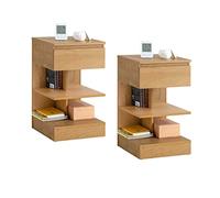 SoBuy Set de 2 Mesita de Noche con 1 cajón y 2 estantes, Mesa Auxiliar, Moderna Mesa de Noche Dormitorio, 39 x 39 x 65 cm, Natural, FBT49-Nx2
