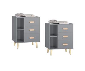 SoBuy Set de 2 Mesita de Noche con 3 cajones y 2 estantes, Mesa Auxiliar, Moderno Mesa de Noche Dormitorio, 48 x 40 x 60 cm, Gris, FBT95-HGx2