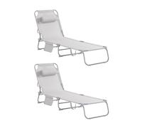 SoBuy Set de 2 Tumbonas Plegable de Jardín, Silla Playa con Almohada y Bolsillo Lateral, Tumbona Reclinable para Patio, Camping, Playa, Beige, 155x56x81cm, OGS35-MIx2