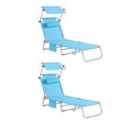 SoBuy Set de 2 Tumbonas Plegable de Jardín, Silla Playa con Parasol, Almohada y Bolsillo Lateral, Tumbona Reclinable para Patio, Camping, Playa, Azul Cielo, 155x56x81cm, OGS48-Bx2