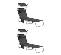 SoBuy Set de 2 Tumbonas Plegable de Jardín, Silla Playa con Parasol, Almohada y Bolsillo Lateral, Tumbona Reclinable para Patio, Camping, Playa, Negro, 155x56x81cm, OGS48-SCHx2