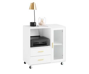 SoBuy Soporte para Impresora con Ruedas Organizador de Oficina con 2 cajones, 1 Puerta de Vidrio 75 x 40 x 76 cm, Blanco ASK09-W ES