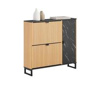 SoBuy Zapatero Entrada Recibidor Estrecho con Cajones Abatibles y Armario Lateral, Mueble Recibidor Estilo Nórdico, Ahorra Espacio - Negro y Roble Claro, 90x24x88cm, Carga 60KG - FSR203-N