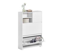 SoBuy Zapateros FSR111-W con 2 aletas, 2 compartimentos abiertos y 1 puerta Zapatero desplegable Zapatero estrecho Cómoda para zapatos BLANCO