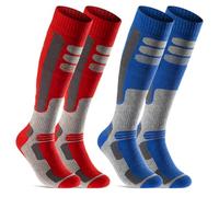 sockenkauf24 2 pares de calcetines de esquí y snowboard, calcetines térmicos de rodilla para hombres y mujeres transpirables con acolchado especial (Azul | Rojo, 43-46)