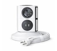 Socket Tower Power Strip 6 Sockets Multiple Socket with 4 USB-A 2500W/10A 2 Metre Extension Cable Surge Protection Overload Protection for Office Home Table Gaming