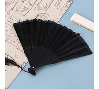 Socobeta Dance Pleging Fan, Hand Fan Doble Capa con Boras Colgadas para Fiestas de Cumpleaños de la Boda de Verano (Pole negro encaje negro)