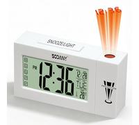SODANY Despertador Proyector Techo Reloj Digital de Mesita Noche a Pilas con Pantalla LCD Grande, Luz de Fondo Activada por Tacto, Temperatura, Fecha y Alarma Snooze para Dormitorio Oficina (Blanco)