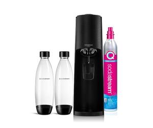 sodastream Gasador Terra Value Pack x2 con 2 botellas fundidas aptas para lavavajillas de 1L y 1 cilindro de CO2 Quick Connect para gasar hasta 60 L, negro mate