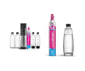 SodaStream water soda maker duo mega set con 2x cilindros de CO2, 3x botellas de vidrio de 1L y 2x botellas de plástico de 1L aptas para lavavajillas, altura: 44cm, color: titanio