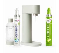 SodaTASTE Paquete ahorro: Mysoda Woody - Aireador de agua de compuesto de madera renovable con botella de plástico sin BPA, cilindro de CO2 Classic + cilindro de CO2 de lima (verde claro, Pigeon)