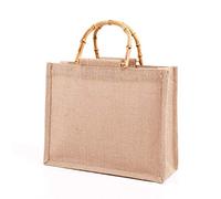 sodeber Bolso de compras portátil de yute de arpillera, bolso con asas de bambú, bolsas de comestibles reutilizables, bolsos de hombro para mujer, medianos
