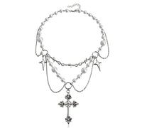 sodeber Collar con colgante de rosario cruzado hecho a mano con cuentas de perlas, joyería gótica, gargantilla punk, cadena de joyería de, collares en para mujeres, adolescentes y niñas,