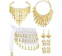 sodeber Joyería de danza del vientre, disfraz gitano, trajes para mujer, cadena de cabeza de moneda, bufanda de cadera, pulseras, aretes, oro