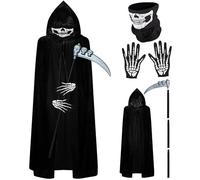 SOETDERT Disfraz Halloween Hombre, Disfraz de Parca, Capa Negra con Capucha, Guadaña Grim Reaper, Esqueleto Máscara Guantes, Disfraz Muerte para Adultos Halloween Carnival Cosplay Fiesta Costume