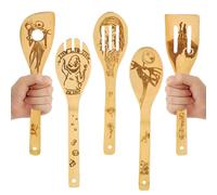 SoeUyd 5 Piezas Cucharas de Madera Unicas para Cocinar, Pesadilla Antes de Navidad Gadgets, Juego de Utensilios de Cocina de Bambú Orgánico Antiadherente