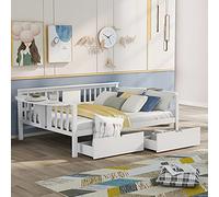Sofá biplaza de lujo, 2 mesas pequeñas y 8 soportes de listones de madera, no requiere somier para adultos, dormitorio, sala de estar (blanco, matrimonial) (blanco con dos cajones completos)