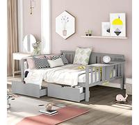 Sofá biplaza de lujo, 2 mesas pequeñas y 8 soportes de listones de madera, no requiere somier para adultos, dormitorio, sala de estar (blanco, matrimonial) (gris con dos cajones completos)
