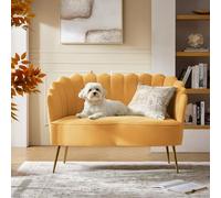 Sofá biplaza de terciopelo con respaldo en forma de flor y patas de metal dorado, sofá de 2 plazas para sala de estar, dormitorio y salón, color amarillo